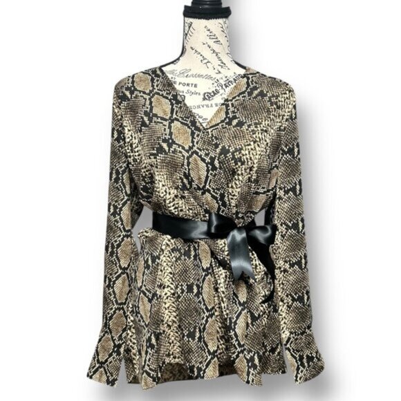 Boston Proper M Snakeskin Print Wrap Blouse Belted V-Neck Long Sleeve Chic Top - Picture 1 of 9